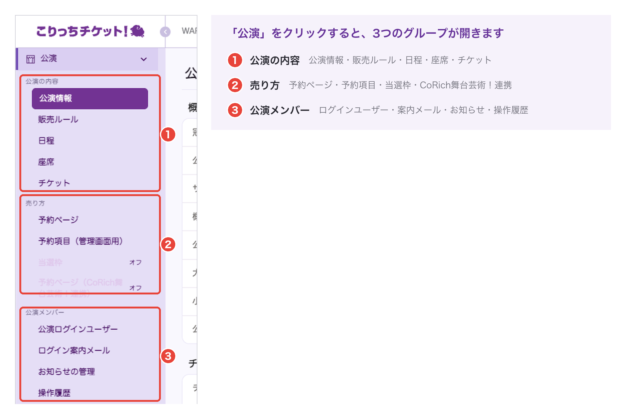 公演メニューの3つのグループ